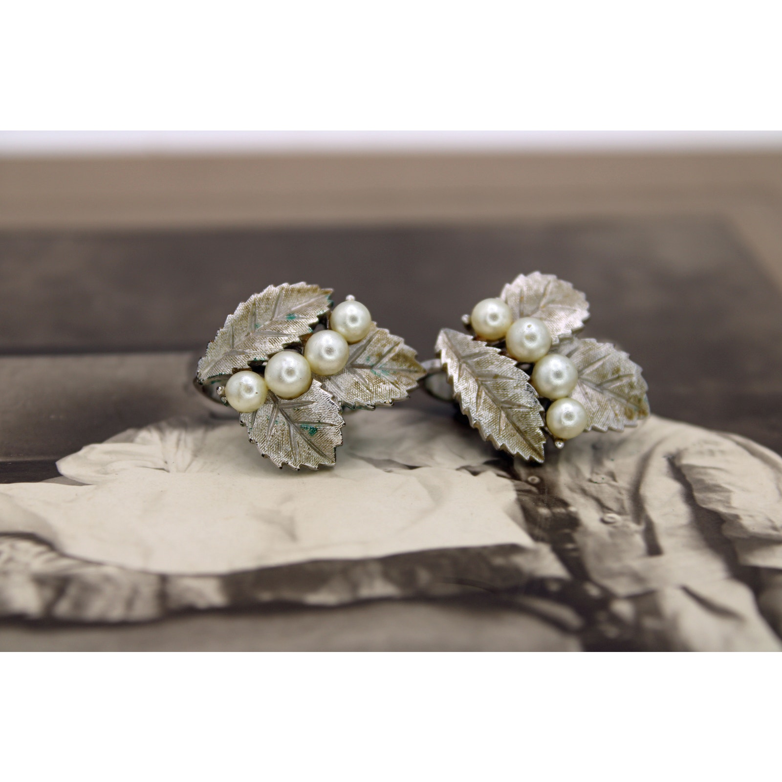 Crown Trifari Silvertone Faux Pearl Leaf Earrings